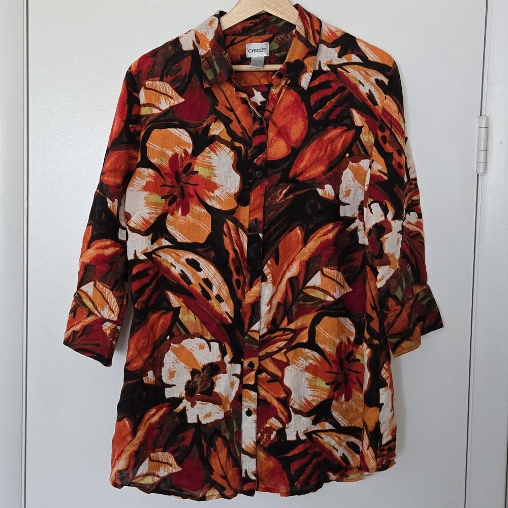 Chicos 100% Linen Orange Floral Button Down 3/4 Sleeve Shirt